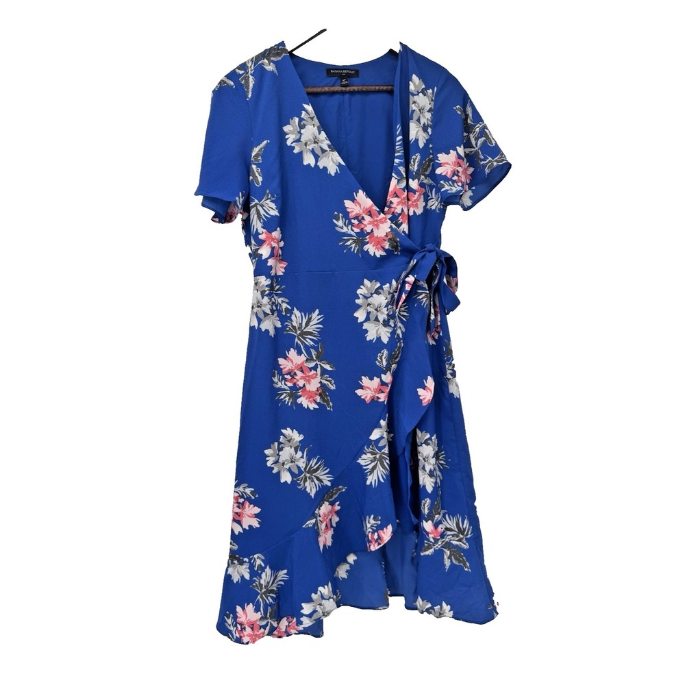 Banana Republic Blue Floral Dress Faux Wrap Ruffle Hem fairy cottage resort 6p